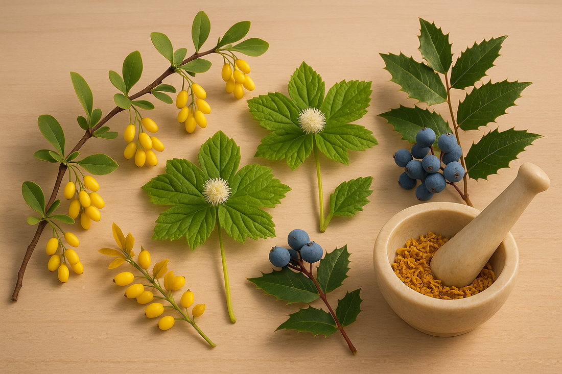 berberine flowers and compound in a wooden bowl with a grinding tool