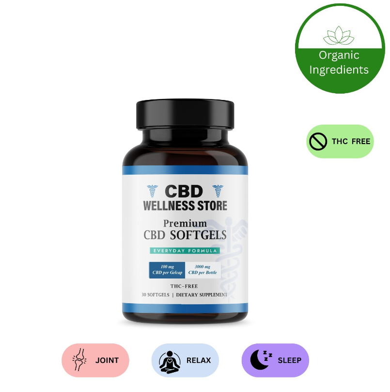 CBD Wellness Store premium CBD softgels bottle with labels indicating organic ingredients and THC-free status on a white background.