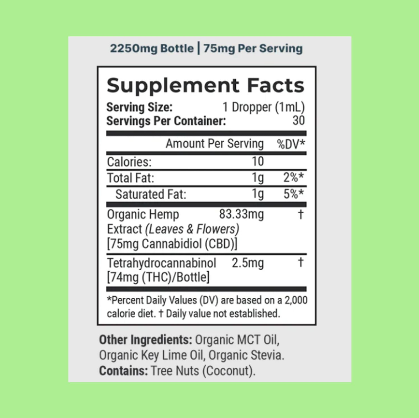 Supplement Facts label for Fresh Lime CBD Oil 2250mg - 75mg cannabidiol per 1mL dropper serving, 74mg THC per bottle (less than 0.3%), organic hemp extract with MCT and lime oil