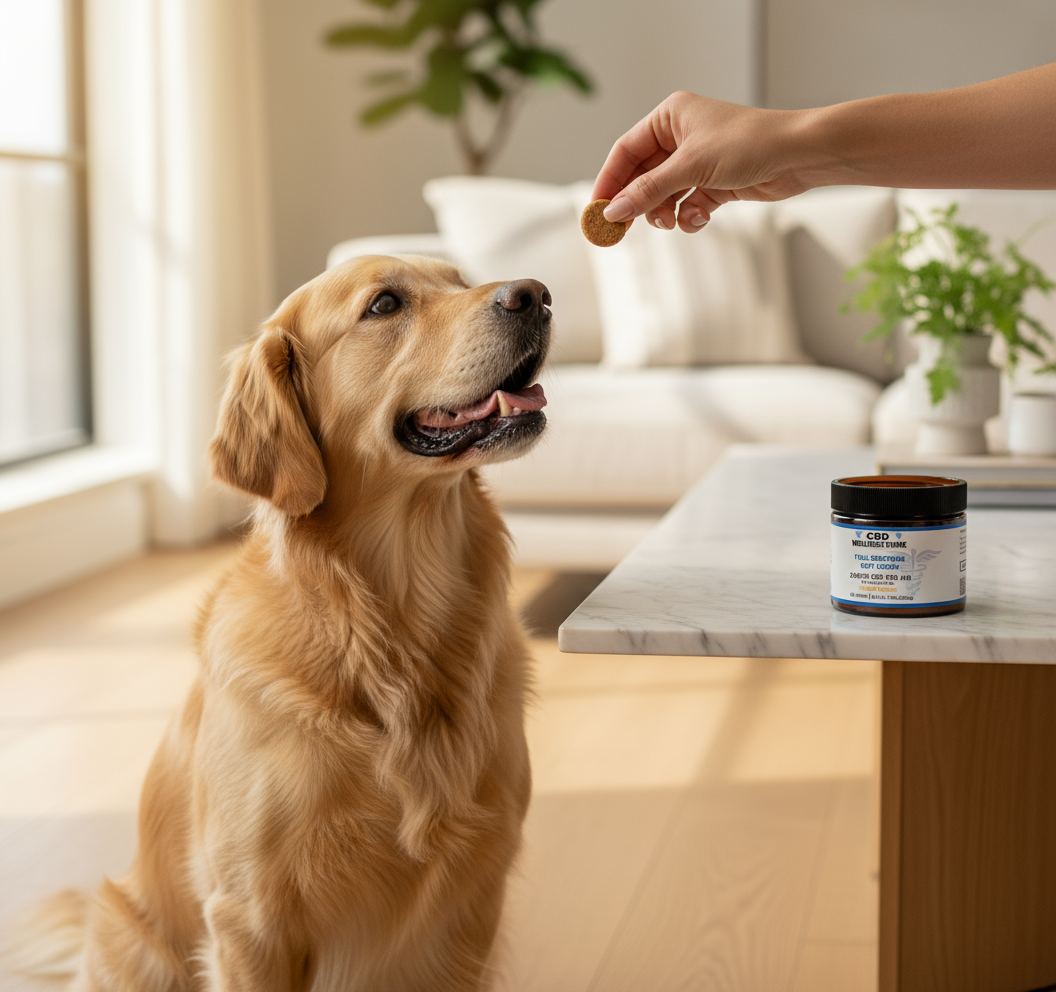 Dog sitting on a couch looking at a treat held by a person, with a jar of CBD product on a table.