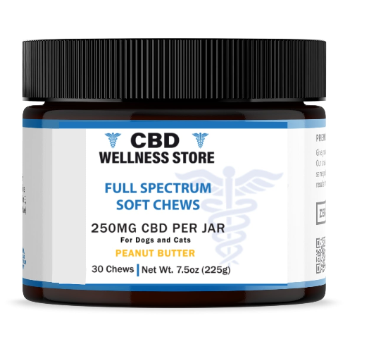Jar of CBD Wellness Store full spectrum soft chews with a black lid on a white background