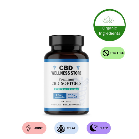 CBD Wellness Store premium CBD softgels bottle with organic and THC-free labels on a white background.