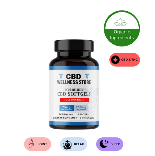 CBD Wellness Store premium CBD softgels bottle with organic ingredients label on a white background