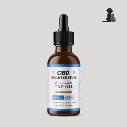 CBD Wellness store CBD oil on gray background with dog & cat silouette in background corner