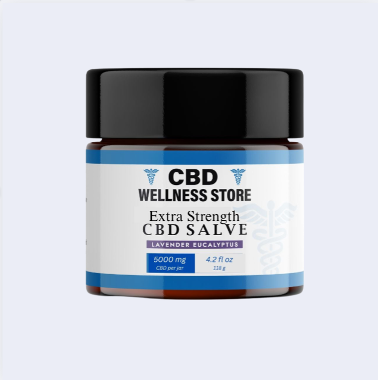 Jar of CBD Wellness Store Extra Strength CBD Salve on a light gray background