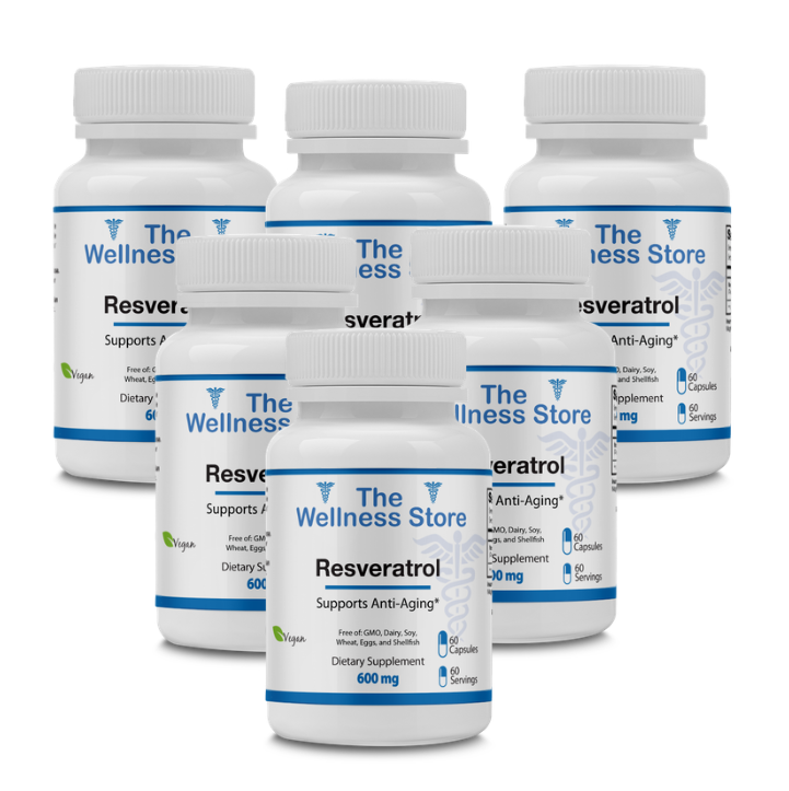 6 bottles of Resveratrol supplement from the wellness store that supports Anti-aging
