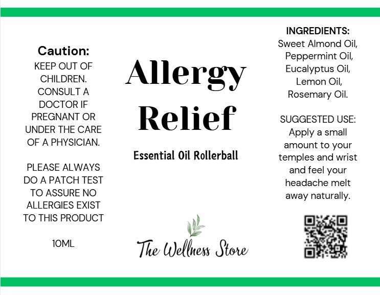 Label for an allergy relief essential oil rollerball from The Wellness Store.
