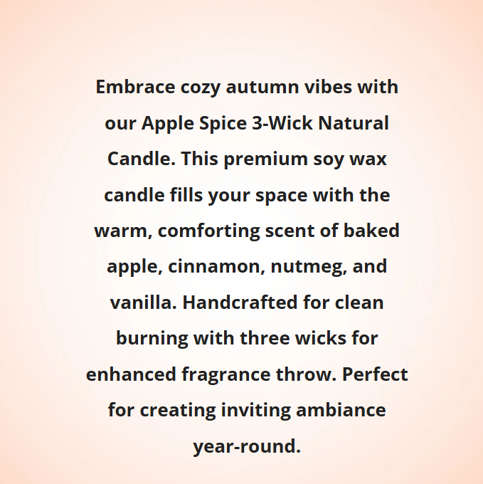 Text description of an Apple Spice 3-Wick Natural Candle on a gradient background