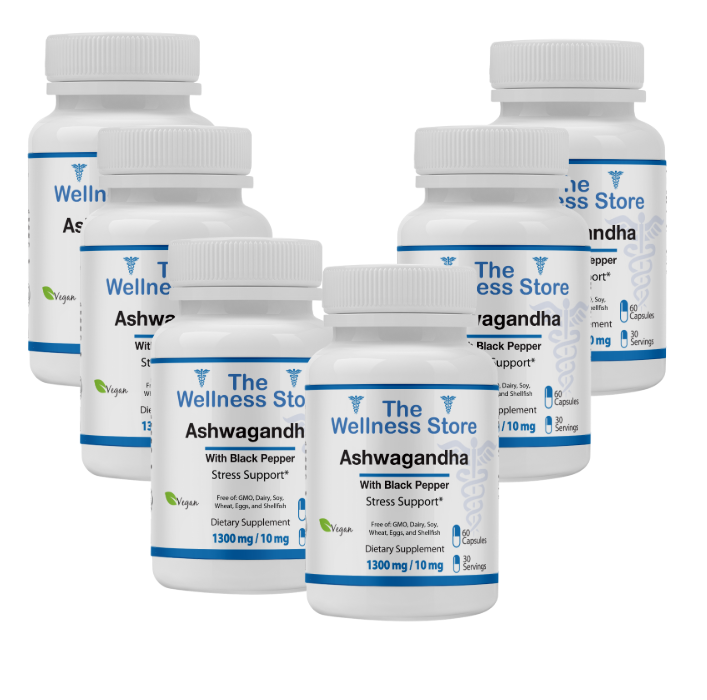 Multiple bottles of Ashwagandha supplement from The Wellness Store on a white background