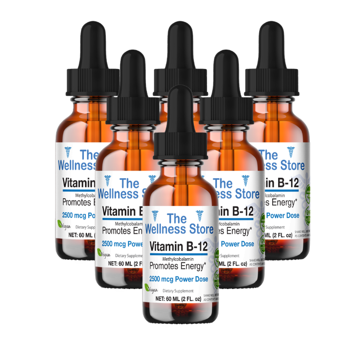 Six bottles of Vitamin B-12 from The Wellness Store for Energy on a white background