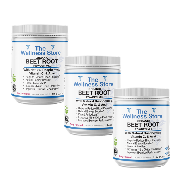 Three containers of The Wellness Store Beet Root Powder Mix on a white background
