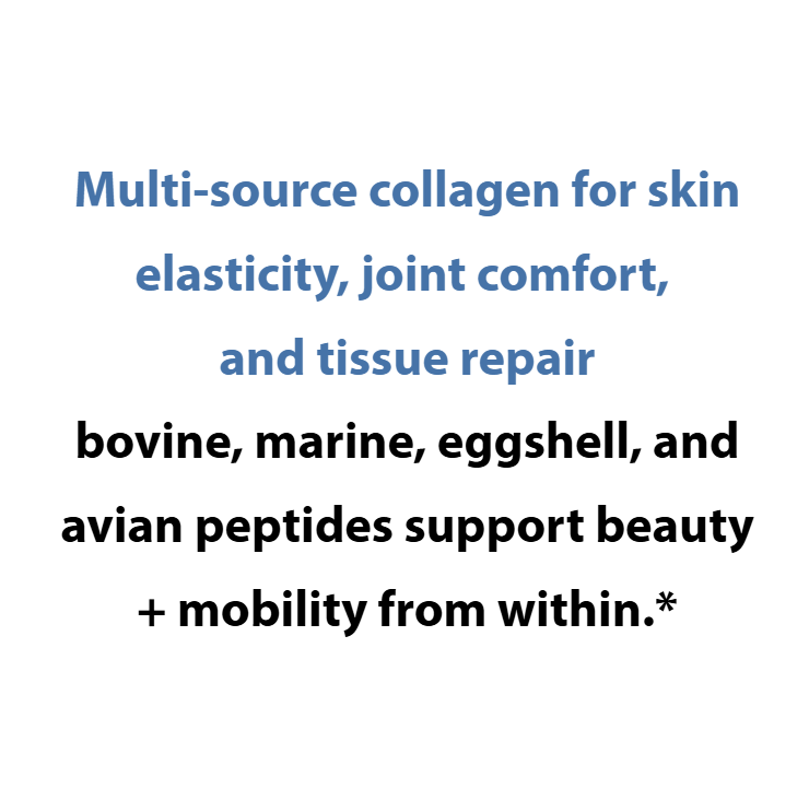 Text describing multi-source collagen for skin elasticity, joint comfort, and tissue repair on a white background.