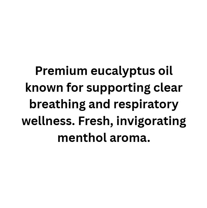 Text describing premium eucalyptus oil for respiratory wellness on a white background