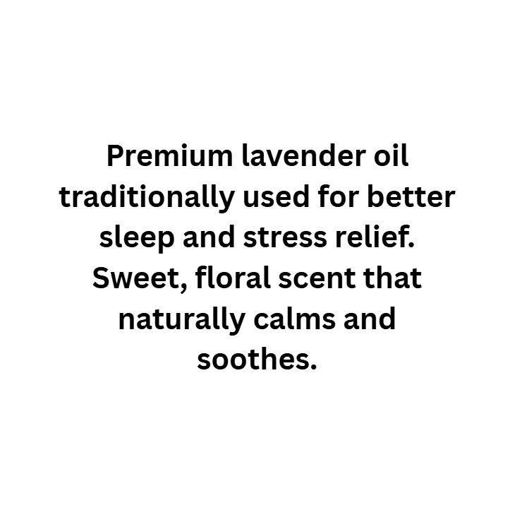 Text describing premium lavender oil for sleep and stress relief on a white background