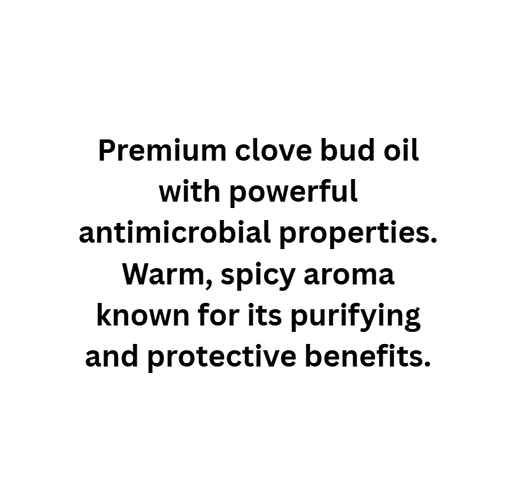 Text describing premium clove bud oil with antimicrobial properties on a white background