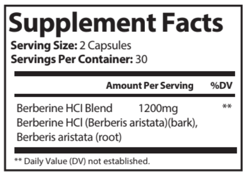 Supplement facts label with Berberine HCI blend information