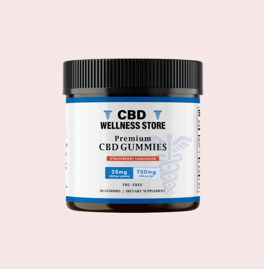 Jar of CBD Wellness Store premium CBD gummies on a light pink background