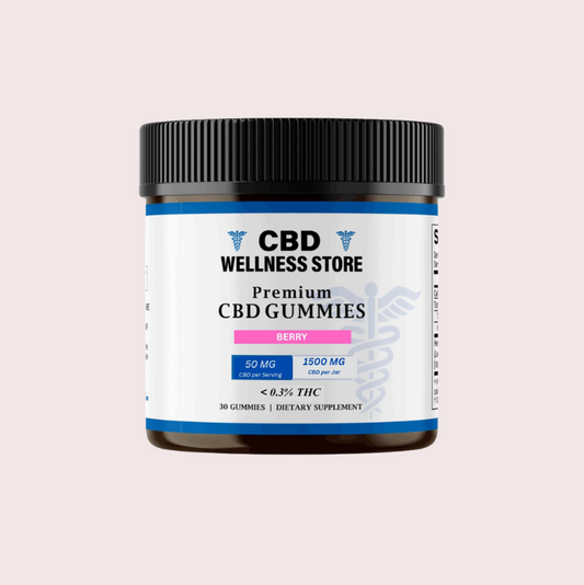 Jar of CBD Wellness Store premium CBD gummies on a light pink background