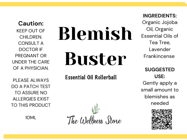 Label for Blemish Buster essential oil rollerball from The Wellness Store with cautionary text, ingredients, and suggested use.