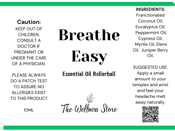 Label for 'Breathe Easy' essential oil rollerball from The Wellness Store with ingredients and usage instructions.