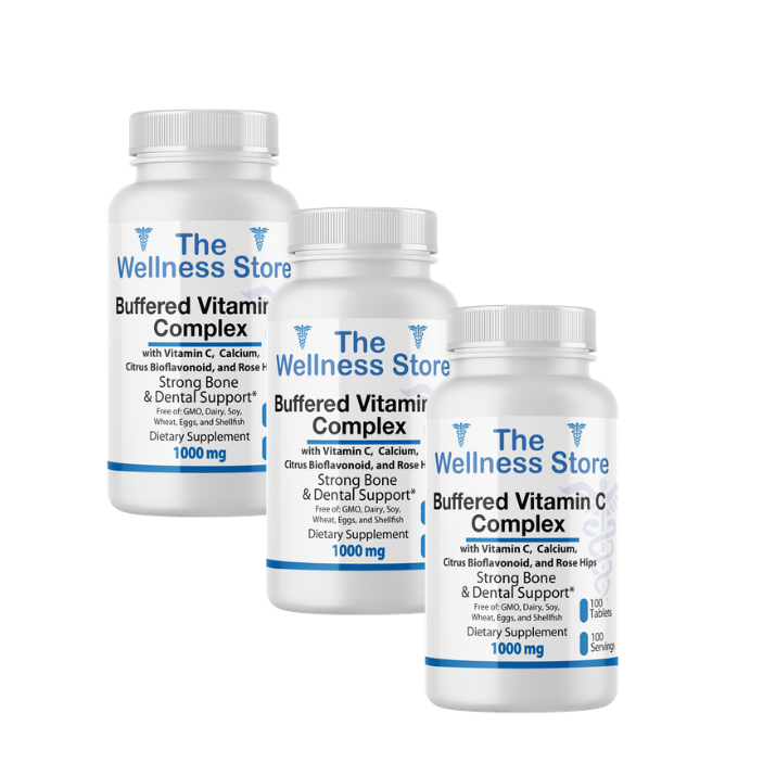 Three bottles of 'Buffered Vitamin C Complex' from 'The Wellness Store' on a white background.