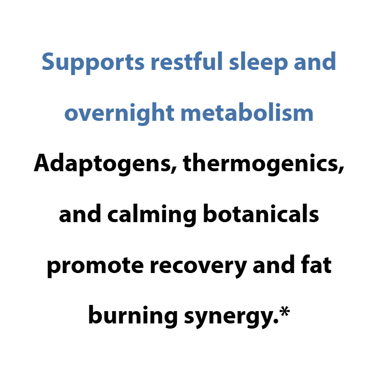 Text on a white background describing the benefits of a supplement with adaptogens, thermogenics, and calming botanicals.