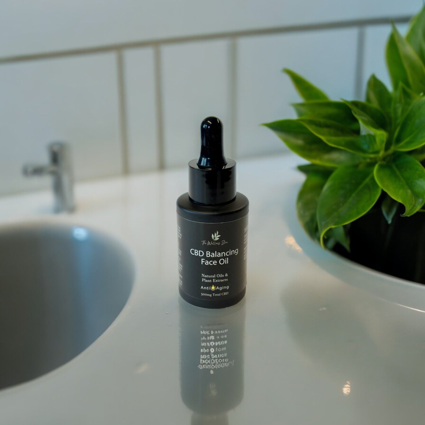 CBD Balancing face Oil on a countertop