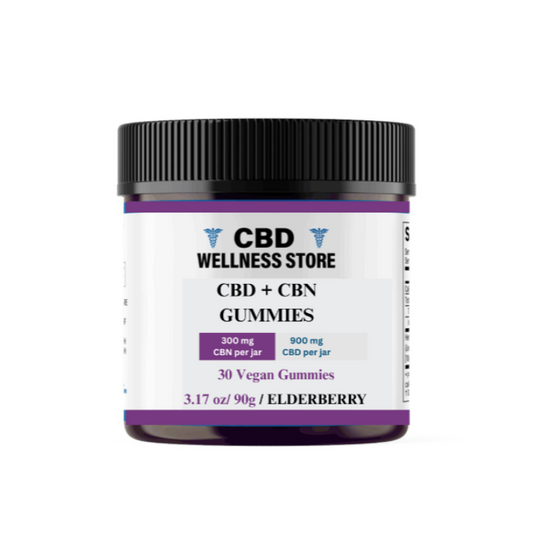 Jar of CBD + CBN gummies from CBD Wellness Store on a white background