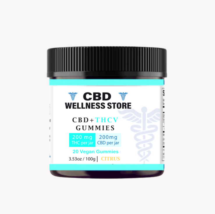 Jar of CBD Wellness Store CBD + THCV Gummies on a white background