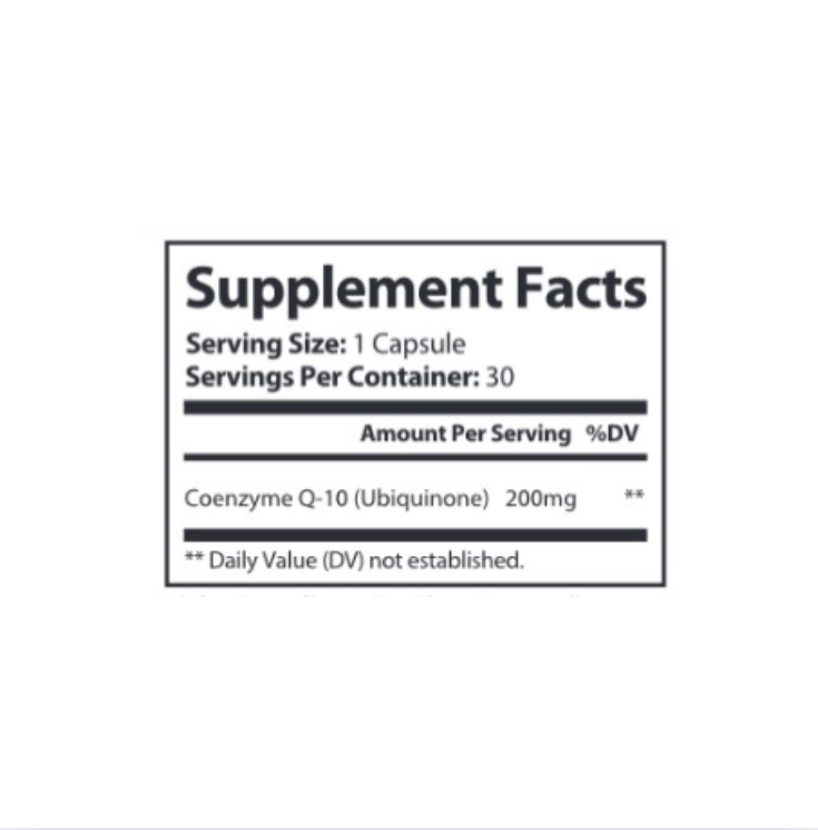 Supplement facts label for Coenzyme Q-10 on a white background