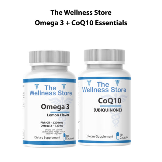 CoQ10 + Omega-3 Essentials supplement bundle bottle from The Wellness Store for heart health and cellular energy support"