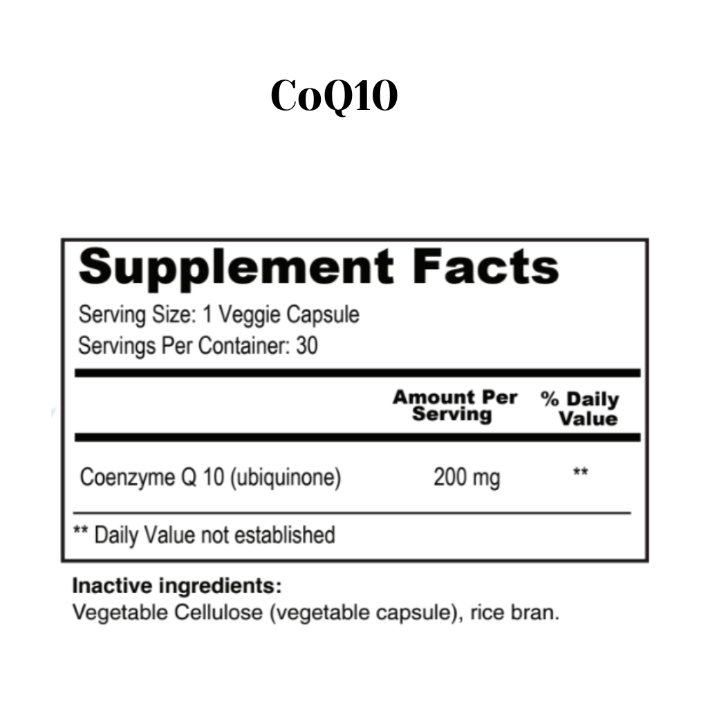 Supplement facts label for CoQ10 with serving size, servings per container, and inactive ingredients listed.