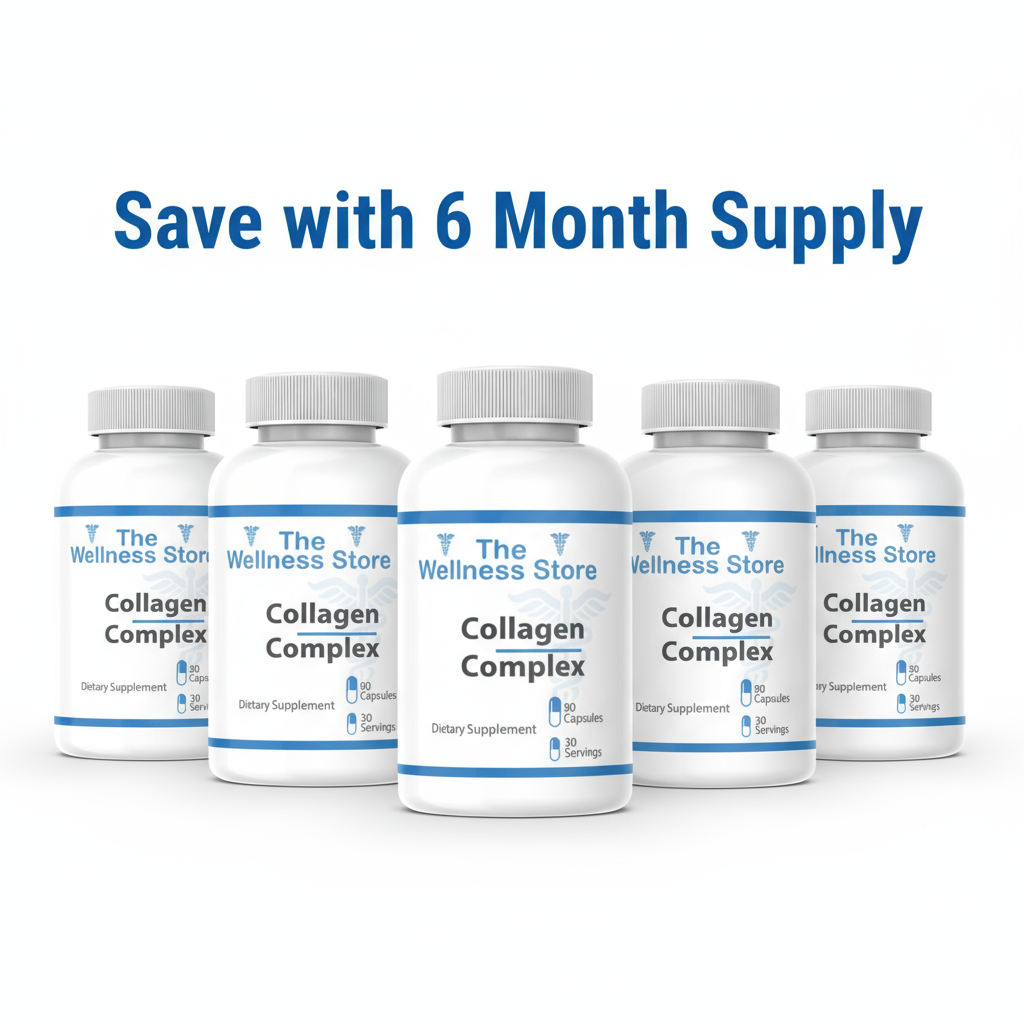 6 bottles Collagen Complex with Save with 6 Month Supply text