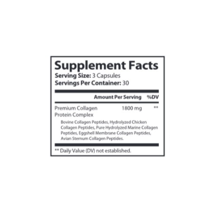 Supplement facts label for a collagen protein complex on a white background