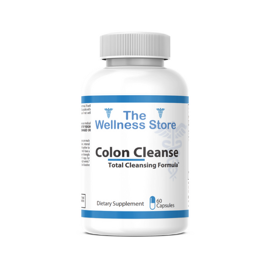 Supplement bottle labeled 'Colon Cleanse' from 'The Wellness Store' on a white background