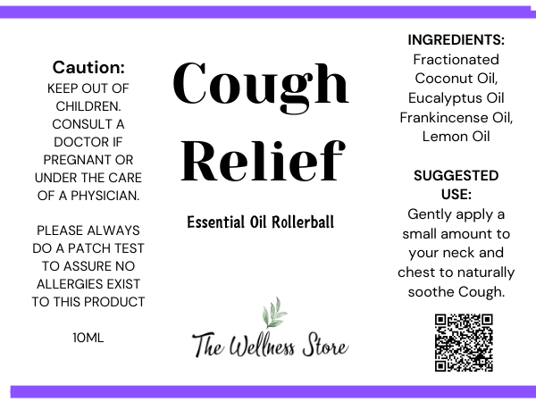 Label for a cough relief essential oil rollerball with ingredients and usage instructions.
