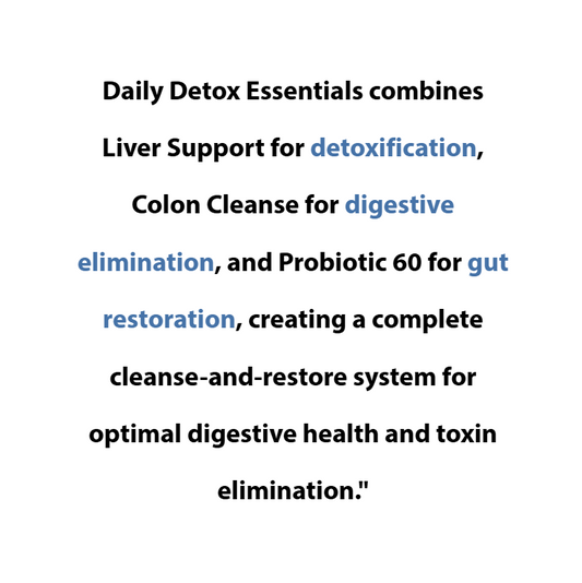 Text describing Daily Detox Essentials with product benefits on a white background