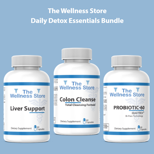 Three supplement bottles labeled 'Liver Support', 'Colon Cleanse', and 'Probiotic-60' from The Wellness Store on a blue background.