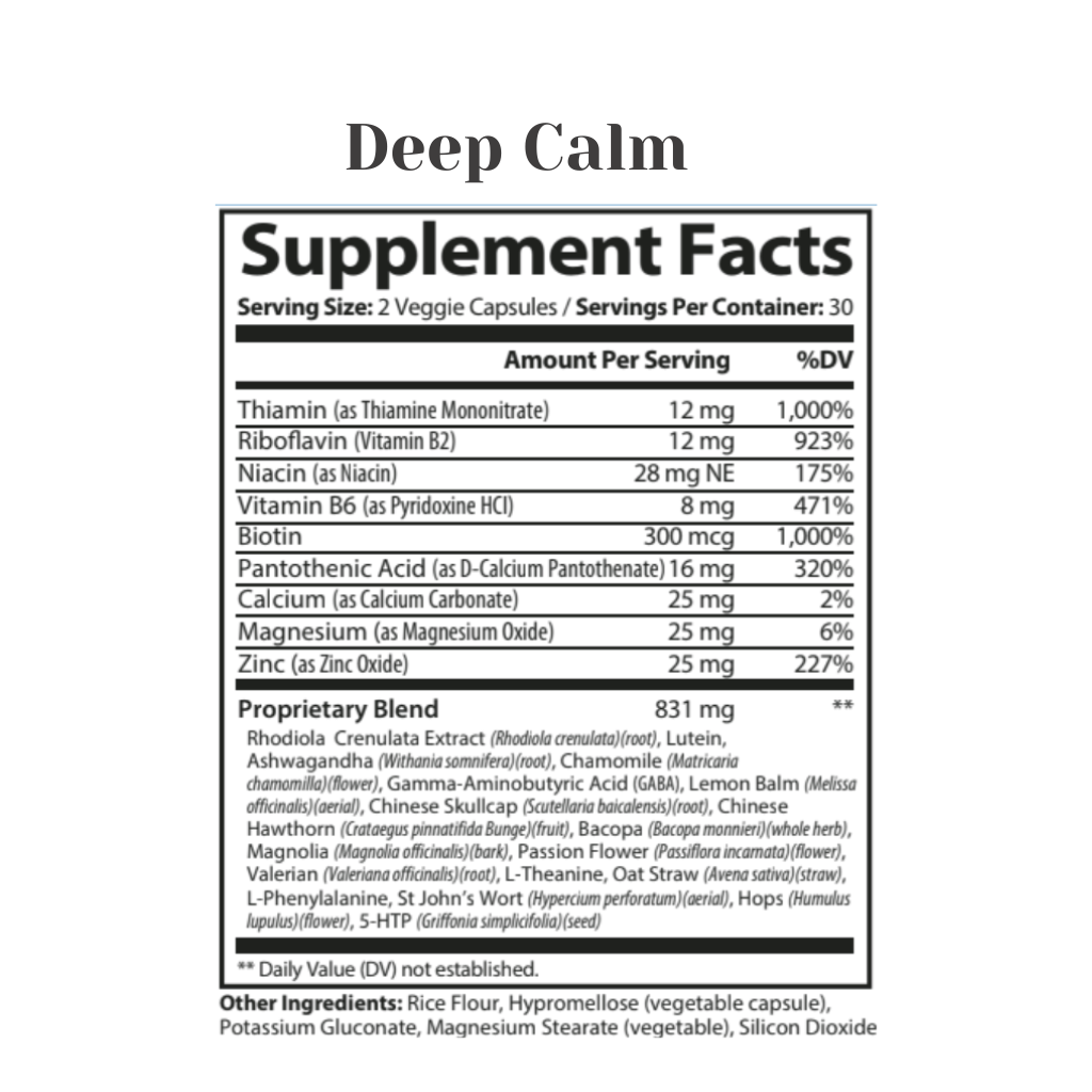Supplement facts label for 'Deep Calm' on a white background