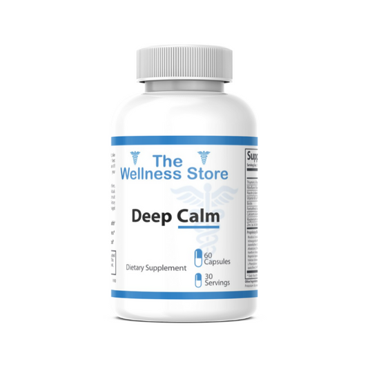 Supplement bottle labeled 'Deep Calm' from 'The Wellness Store' on a white background