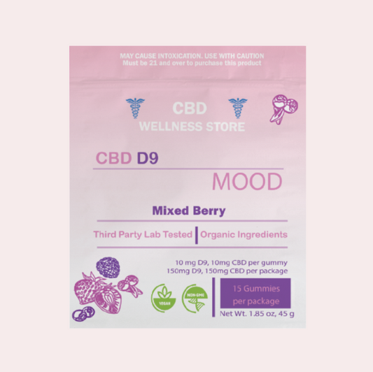 CBD Wellness Store D9 Mood gummies packaging with berry illustrations on a light pink background
