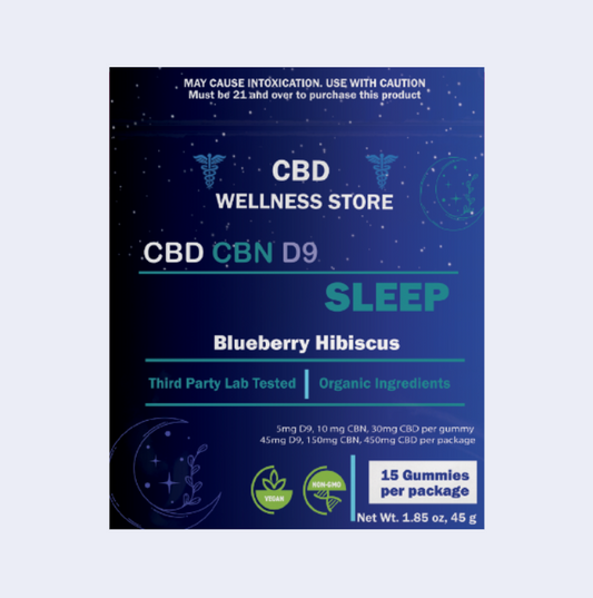 CBD Wellness Store product packaging for CBD CBN D9 Sleep gummies on a light blue background
