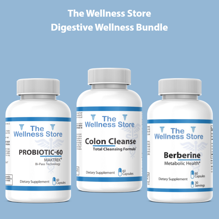 Three supplement bottles from The Wellness Store on a blue background