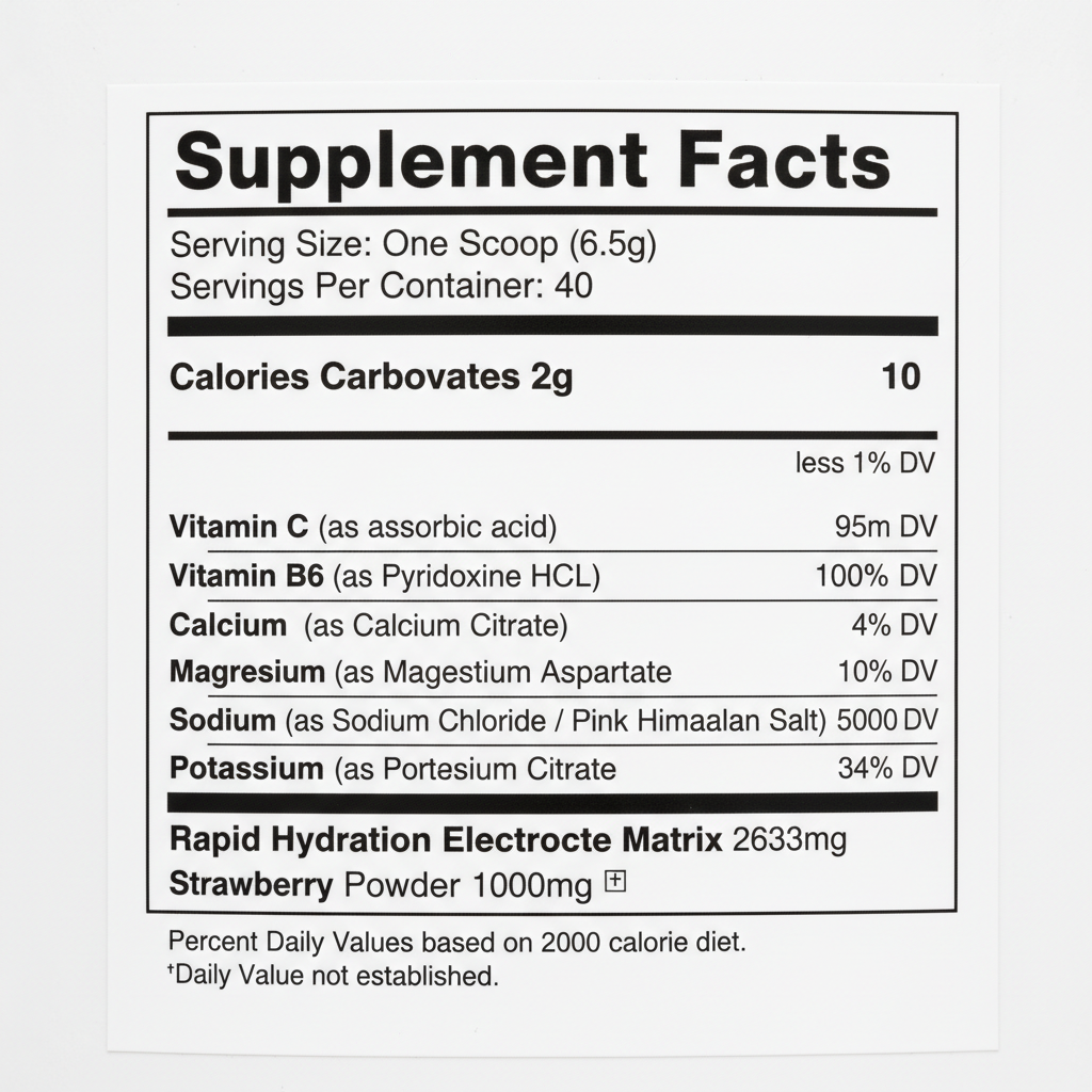 Electrolyte Hydration Powder Supplement Facts - Serving Size 1 Scoop 6.5g - 40 Servings - The Wellness Store