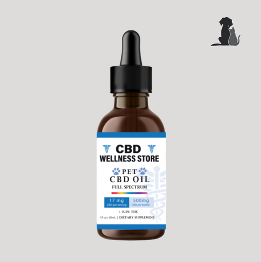 CBD Wellness Store pet CBD oil bottle on a gray background