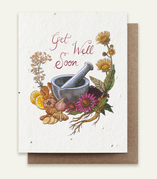 Greeting card with 'Get Well Soon' text, mortar and pestle, and floral illustrations on a white background.