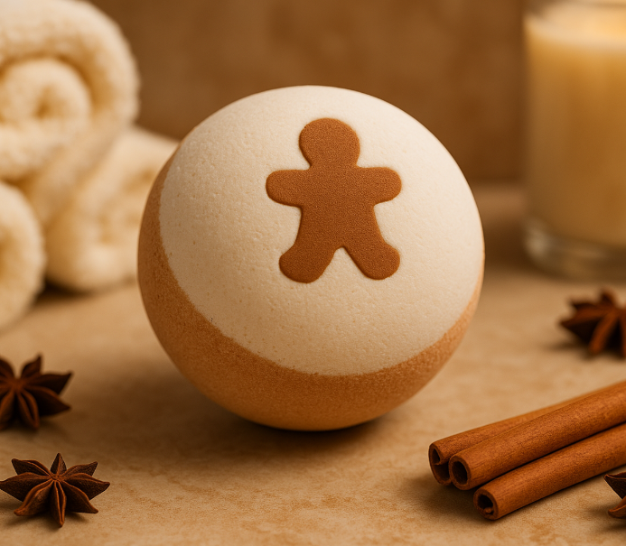 Bath bomb with gingerbread man design on a wooden surface with cinnamon sticks and star anise.