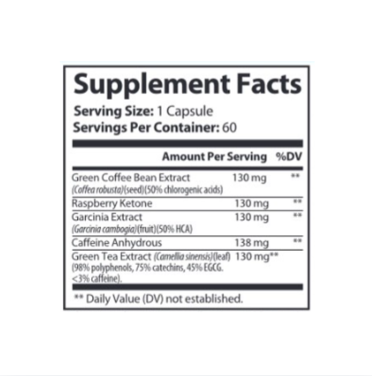 Supplement facts label with various ingredients and their amounts on a white background