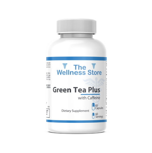 Supplement bottle labeled 'Green Tea Plus with Caffeine' from 'The Wellness Store' on a white background