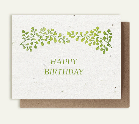 White birthday card with green leaf design and 'Happy Birthday' text on a white background